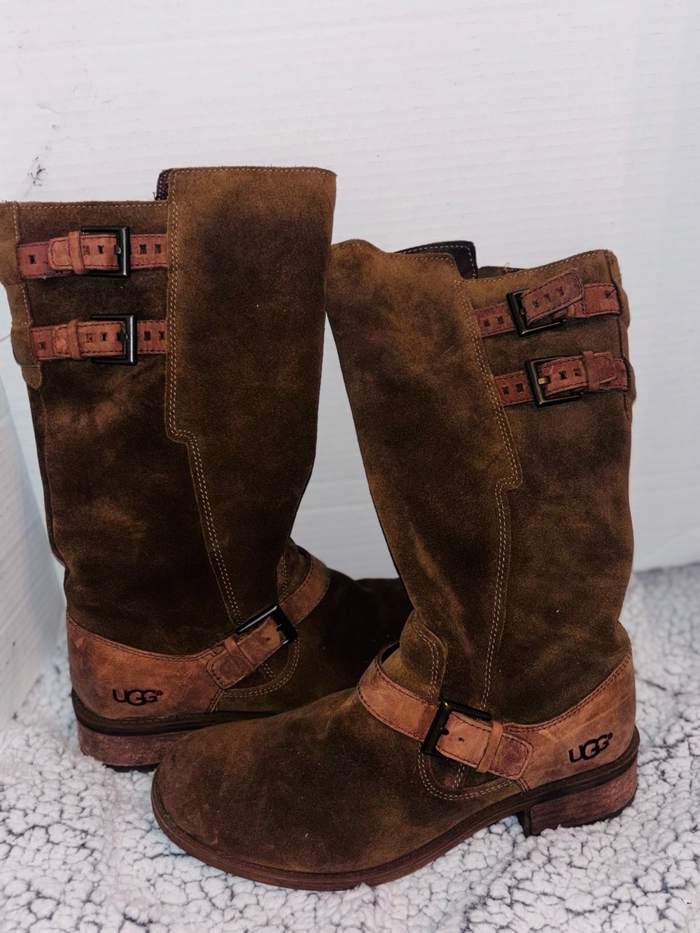 UGG Brown Suede Mid-Calf Harness Boots with Buckles